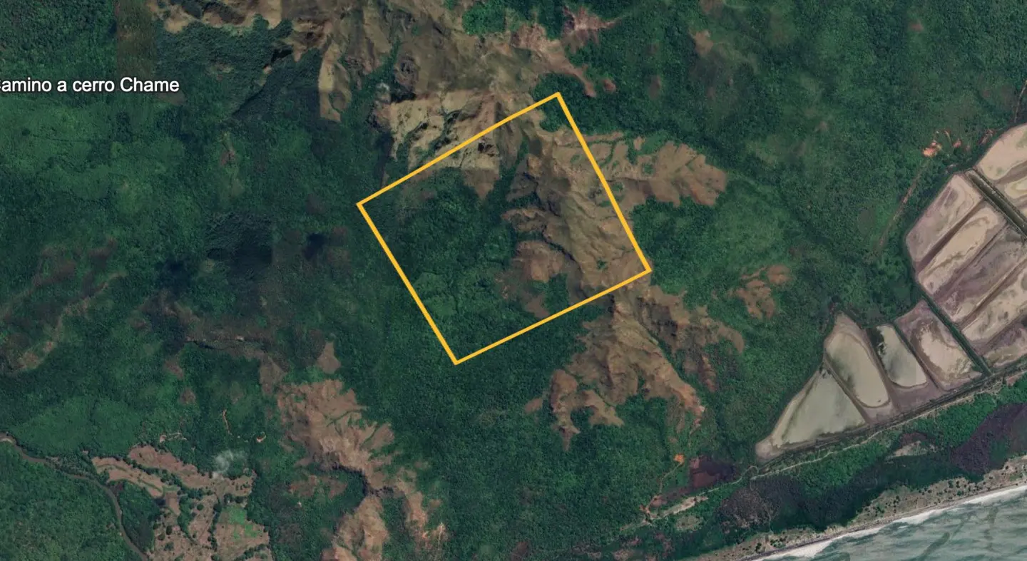 Aerial view of a mountain area with a yellow square highlighting a specific plot of land. Lush green forest surrounds the mountain.