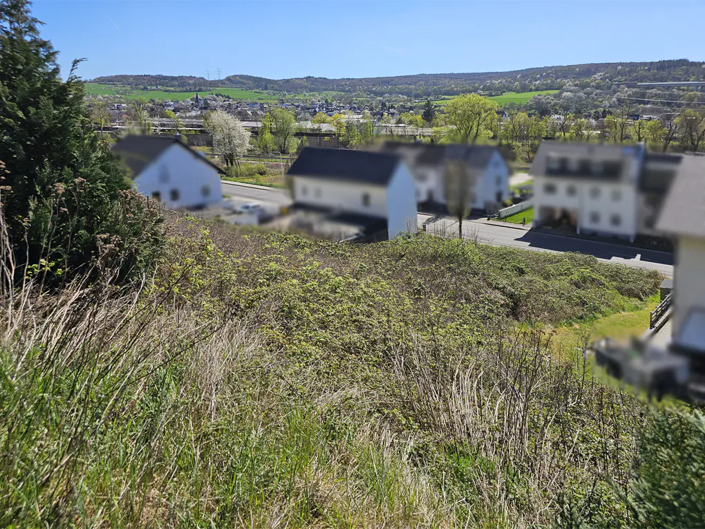 View of a grassy hillside with houses and a town in the background on a sunny day.
