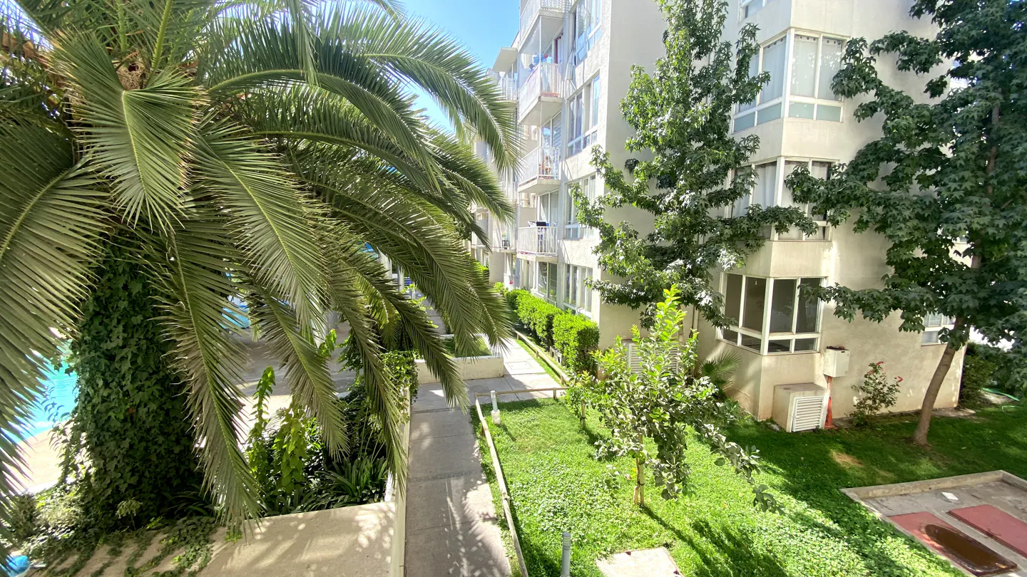 Condo building with white balconies, green lawn, trees, and a palm tree.