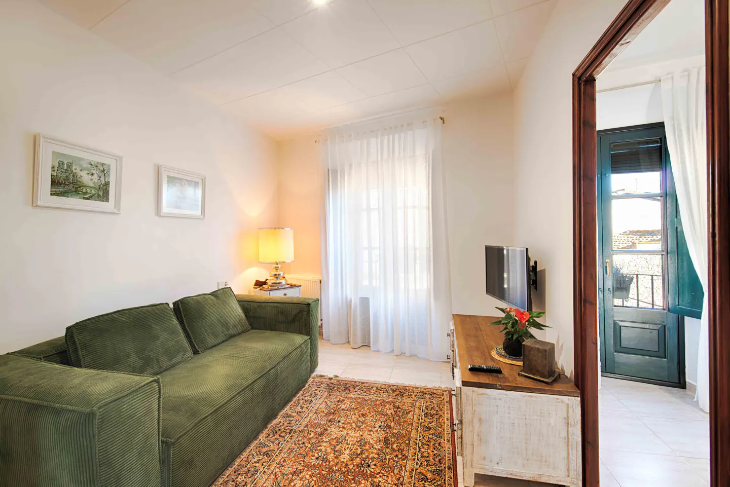 Living room with a green sofa, patterned rug, and a TV stand with a TV. A door leads to a balcony with a view.