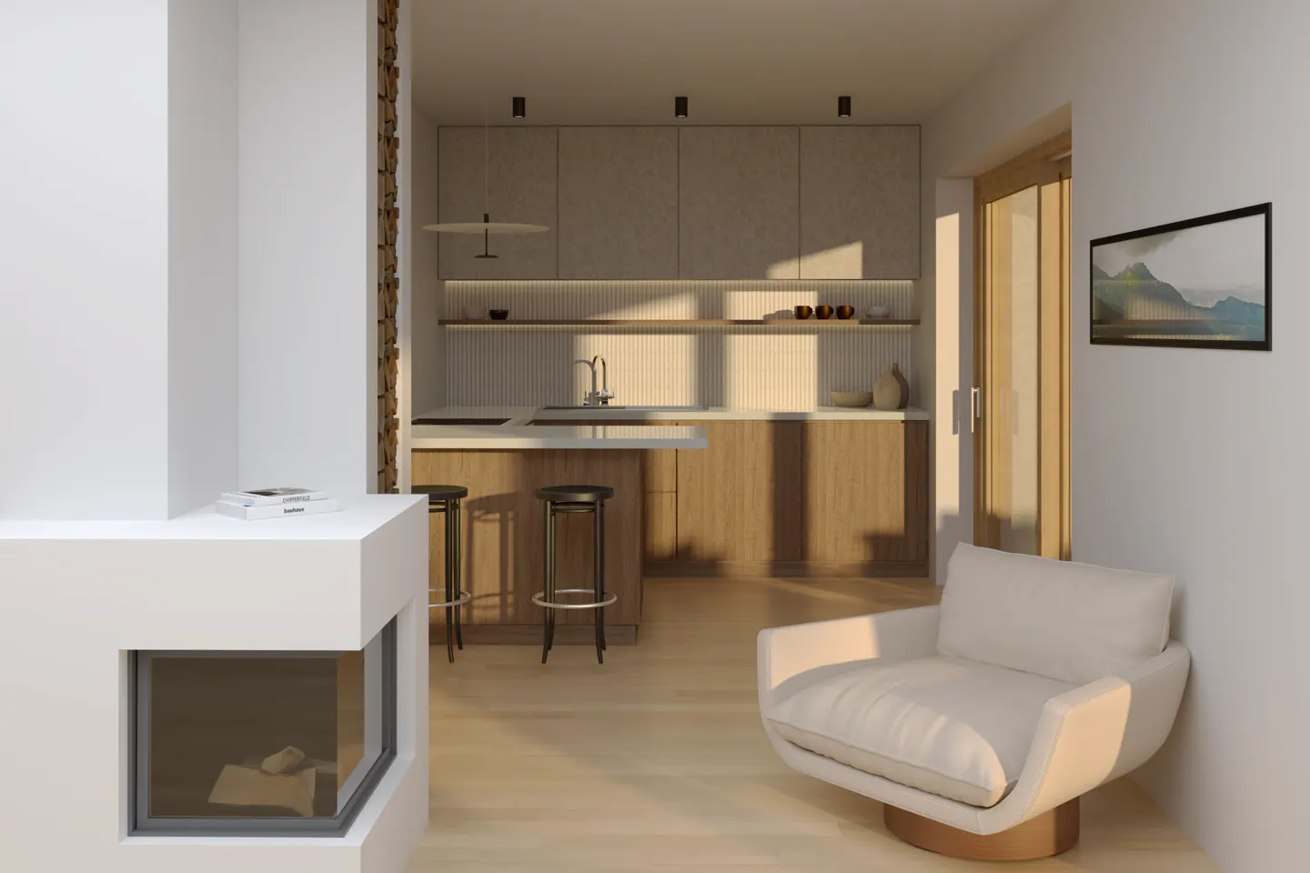 A modern interior with a white fireplace, a kitchen with bar stools, and a white armchair. A framed picture hangs on the wall.
