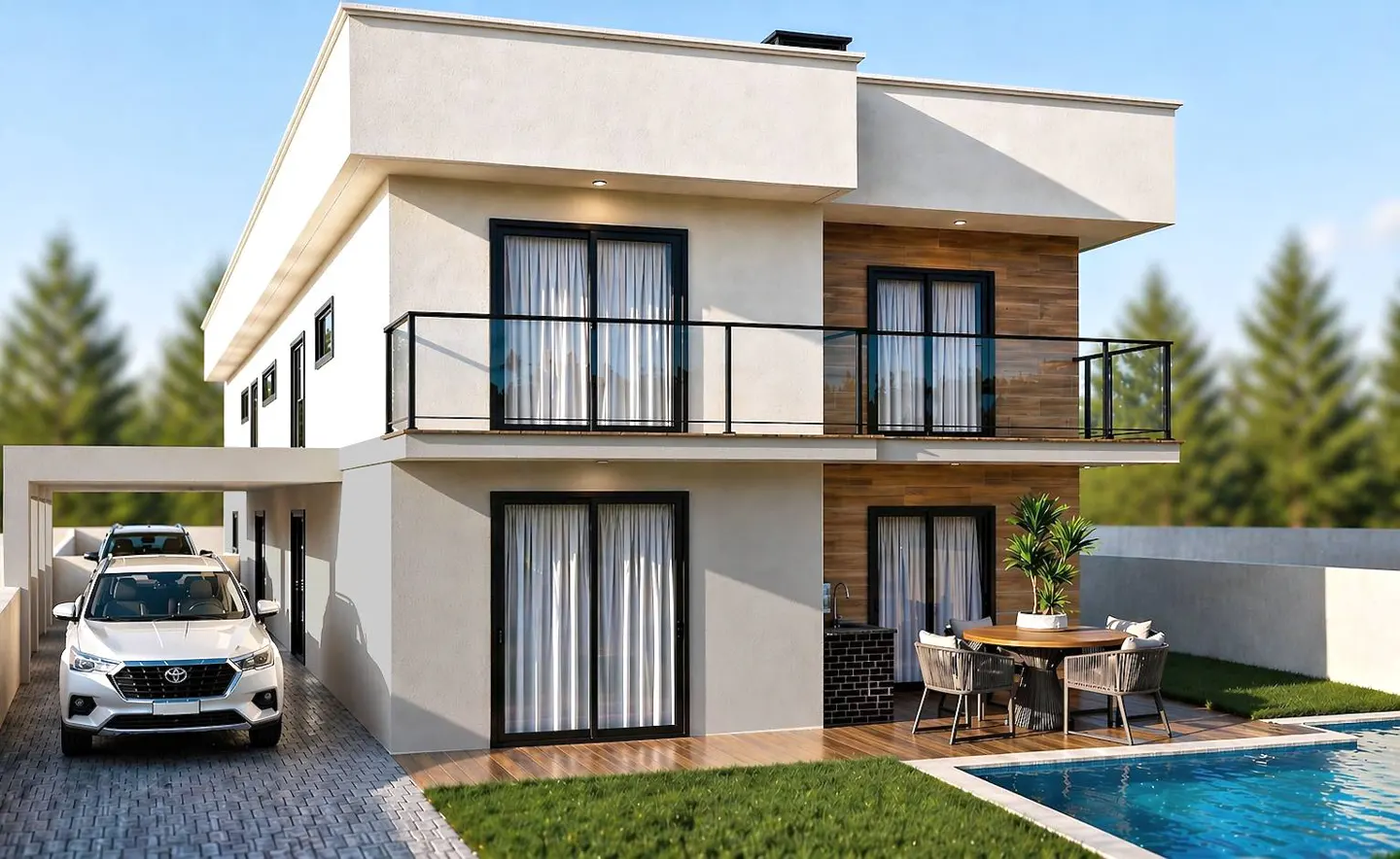 Two-story modern house with a white car in the driveway, a pool, and outdoor seating.