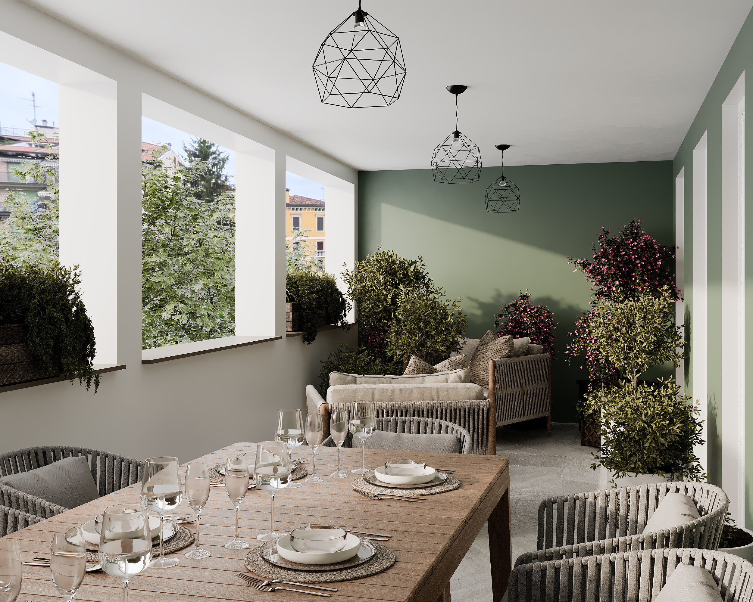 Covered balcony with a wooden dining table, modern rope chairs, sage green wall, and potted plants overlooking city trees. [AI-generated text]