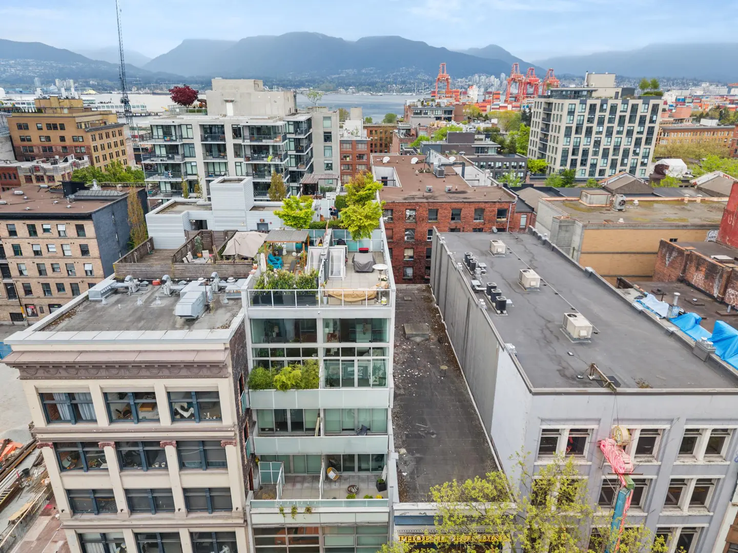 Aerial view of city buildings with a rooftop garden, mountains, and harbor in the background.