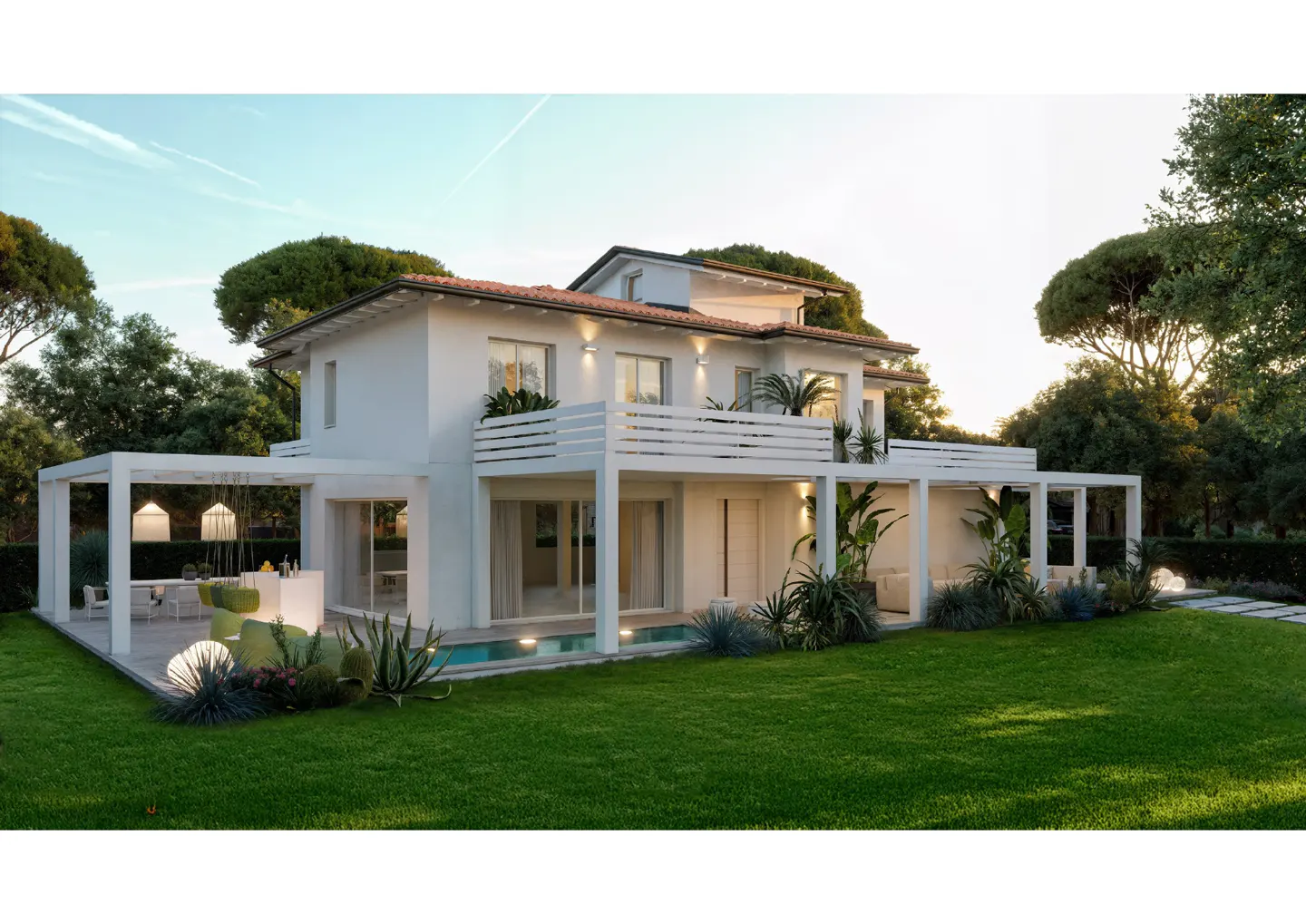 Two-story white house with a balcony, a pergola, and a green lawn.