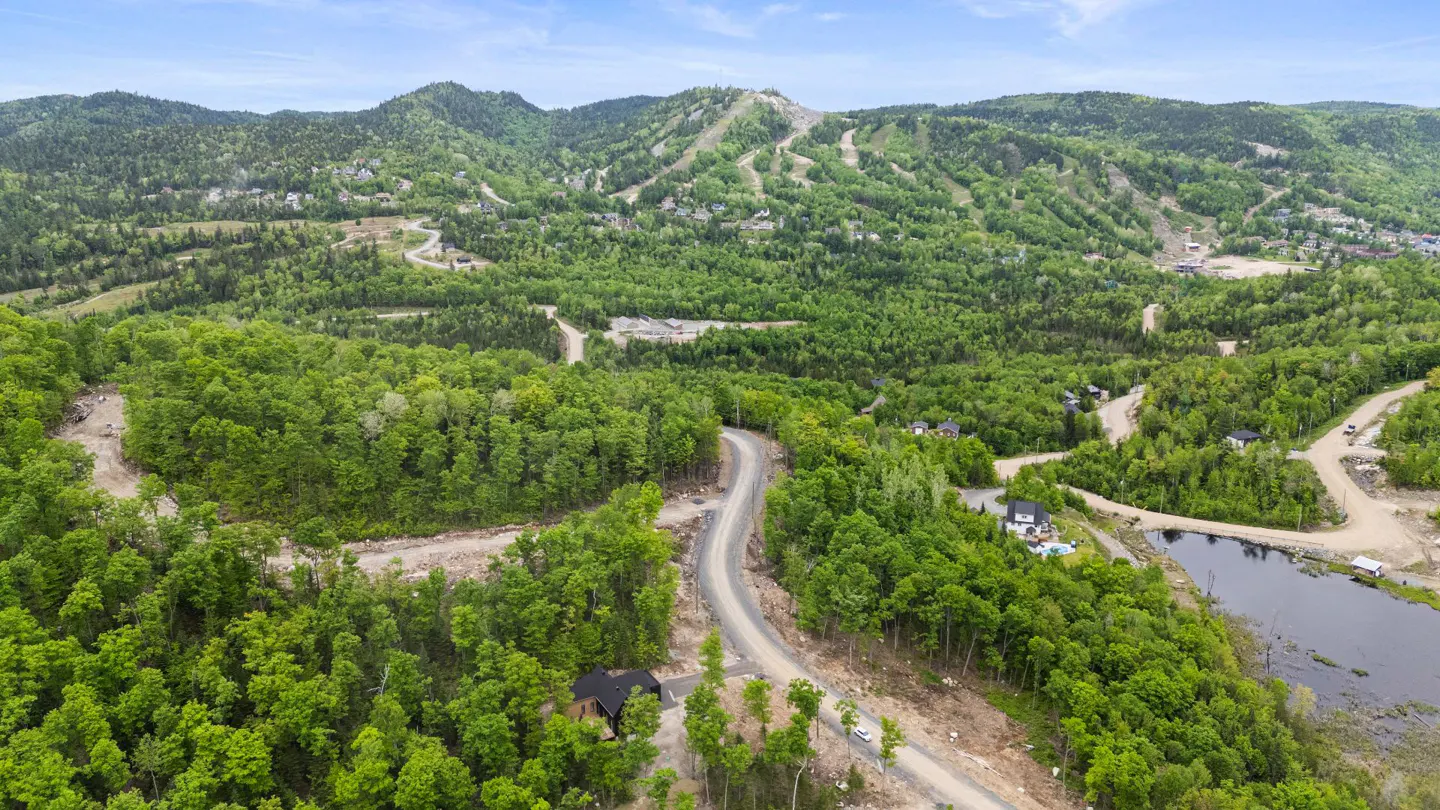 Aerial view of a winding dirt road through a green forest, leading to a ski hill in the distance.