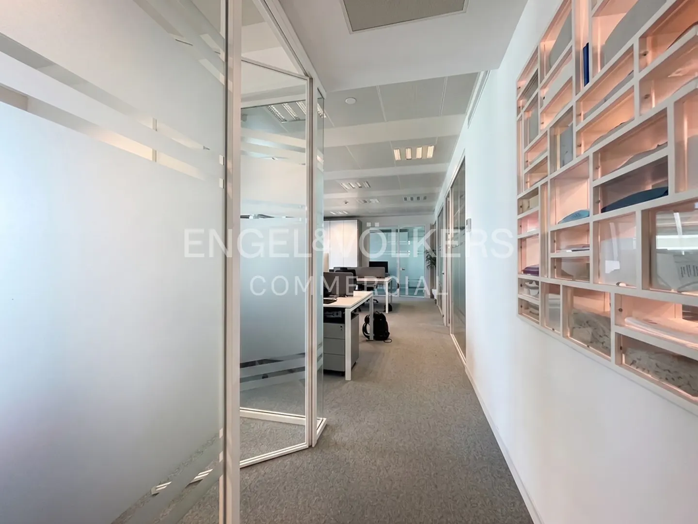 Office space with glass-walled rooms, gray carpet, and white walls. A decorative shelving unit is on the right wall.