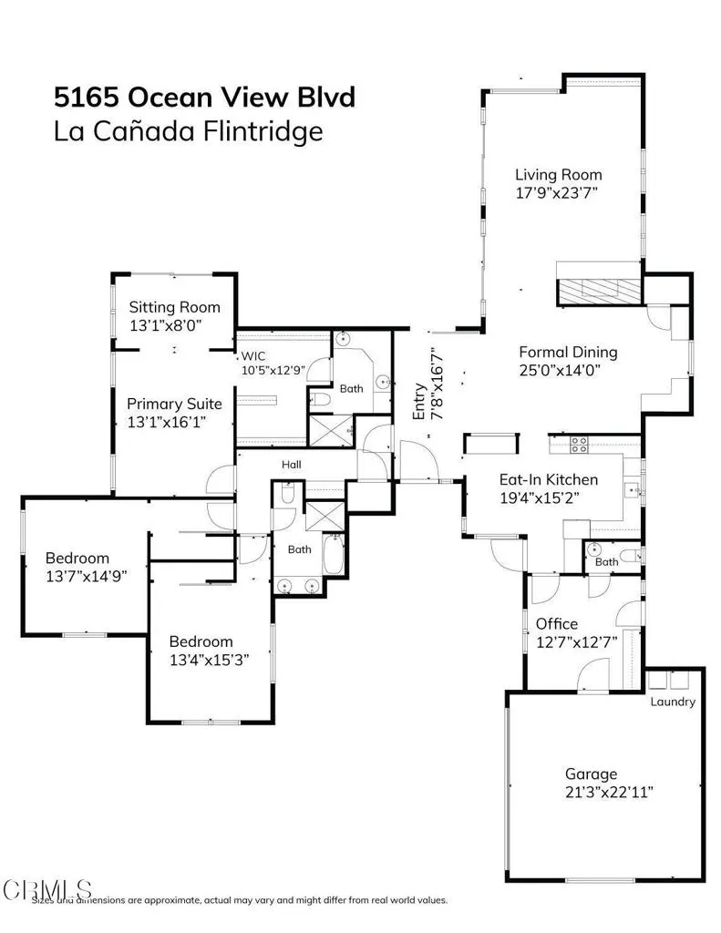 Floor plan of a house at 5165 Ocean View Blvd, La Cañada Flintridge. It includes a living room, dining room, kitchen, and bedrooms.