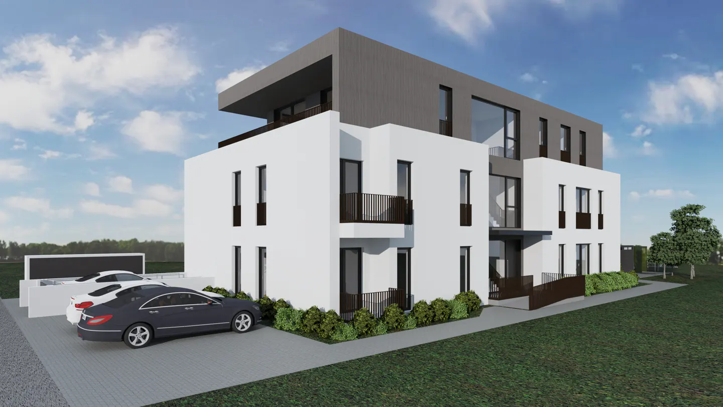 Modern three-story building with white walls and a gray top floor. Two cars are parked in front, with green grass and a blue sky.