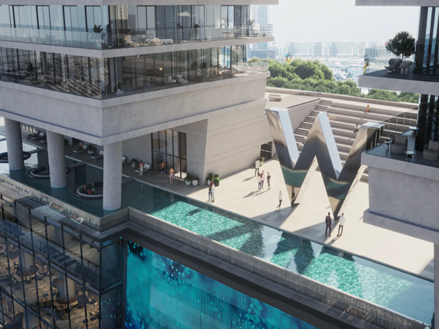 Exterior view of a modern building with a pool, lounge areas, and a large silver "W" sculpture. People are walking around the building.