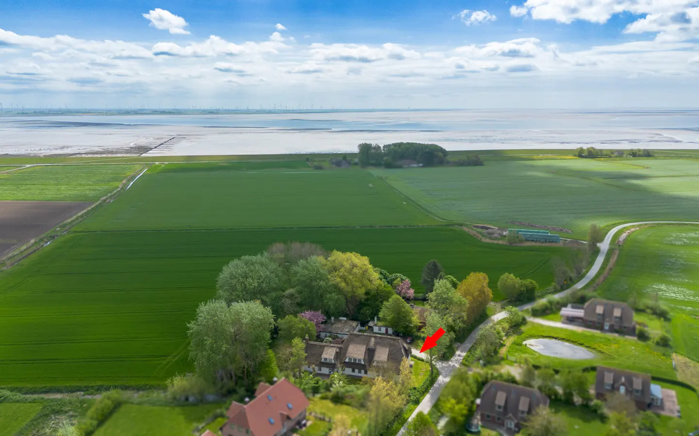 Aerial view of a thatched-roof house surrounded by green fields and trees, near a body of water. A red arrow points to the house.