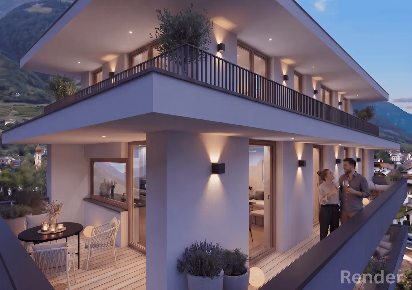 Modern apartment building with balconies. A couple stands on one balcony, holding wine glasses. Mountain views in the background.