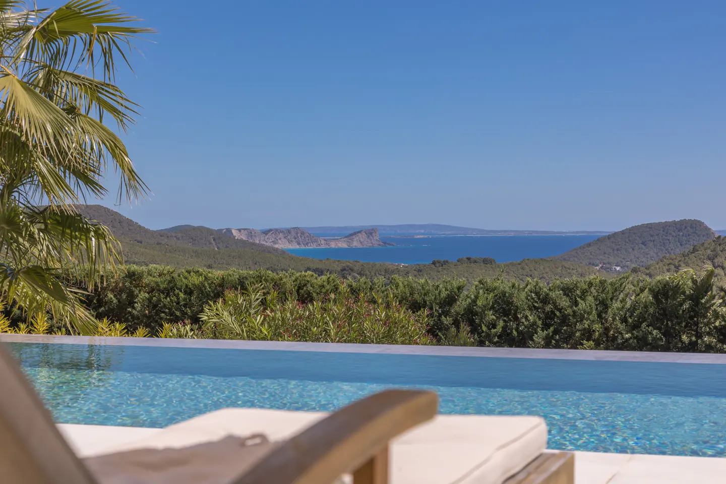 Infinity pool overlooking the ocean, with green hills and a clear blue sky in the background. Palm tree on the left. Lounger in the foreground.