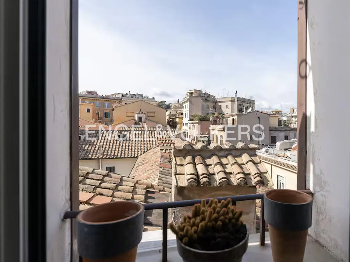 View from a window with potted plants overlooking rooftops and buildings in Rome, Italy.