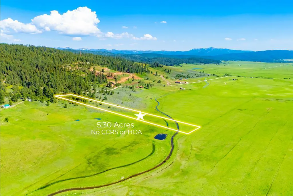 Aerial view of a 5.30-acre plot outlined in yellow on a green meadow with a winding creek and distant mountains.