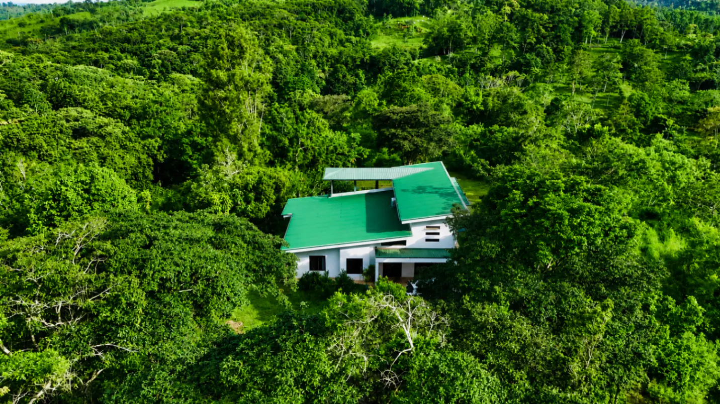 Aerial view of a white house with a green roof, surrounded by lush green trees and a hilly landscape.