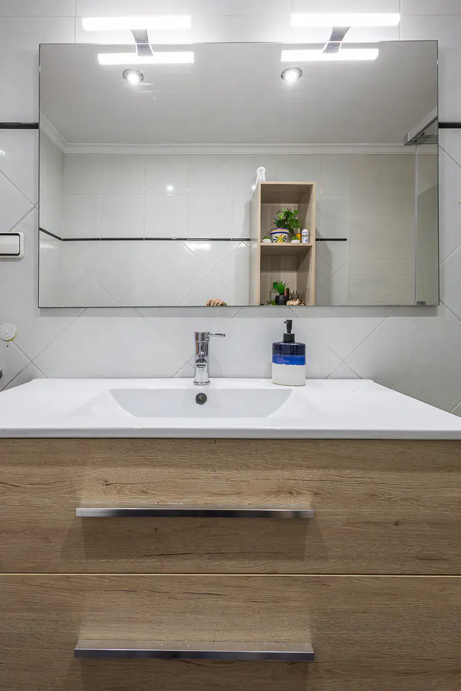 Bathroom vanity with a white sink, chrome faucet, and a blue soap dispenser. A large mirror reflects a shelf with plants.