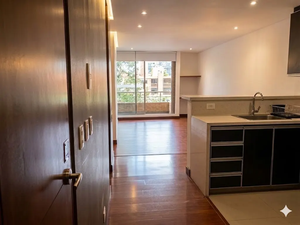 A view from the doorway into a modern apartment with hardwood floors, a kitchen with black cabinets, and a balcony overlooking trees.
