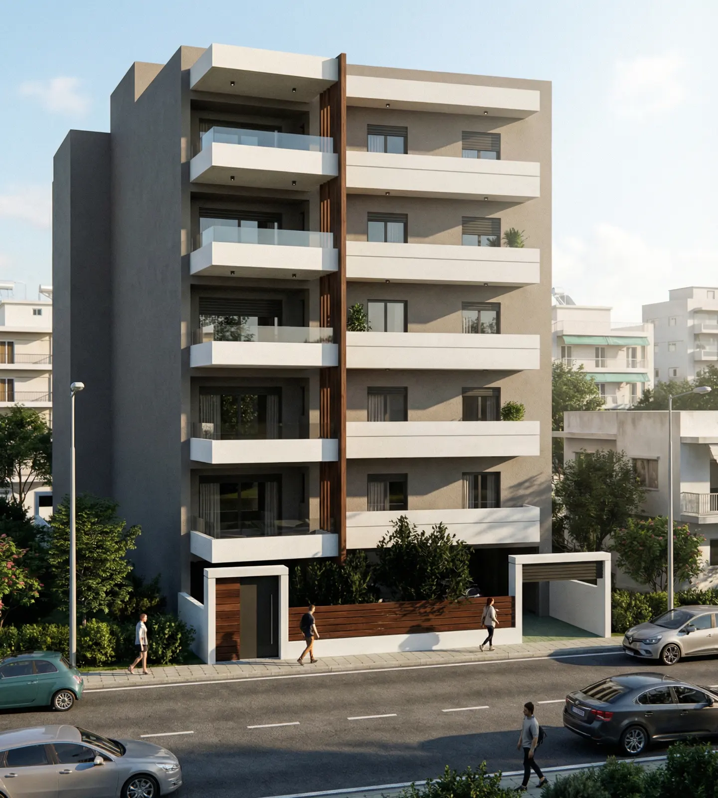 Modern gray apartment building with white balconies and wood accents. Cars and pedestrians on the street.