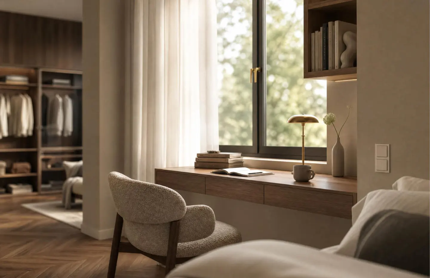 A cozy bedroom workspace with a wooden desk, a textured chair, a brass lamp, and a view of trees through a window.