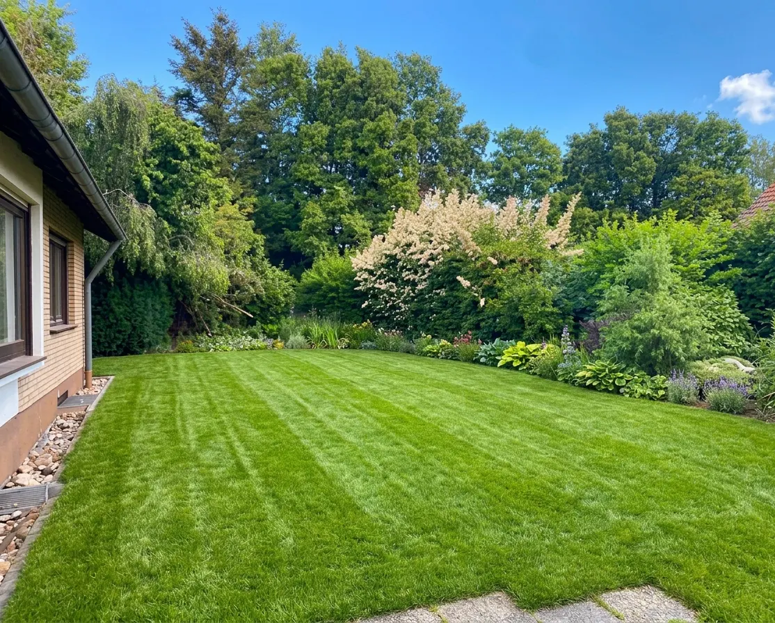 A lush green lawn beside a brick house, bordered by vibrant flower beds and tall trees under a clear blue sky.