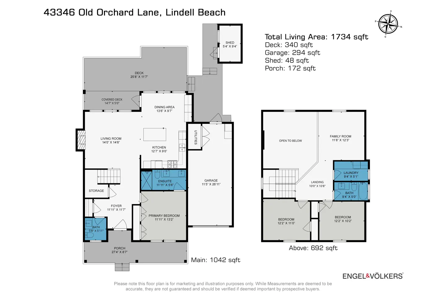 Floor plan for 43346 Old Orchard Lane, showing main and upper levels with room dimensions and total area of 1734 sqft.