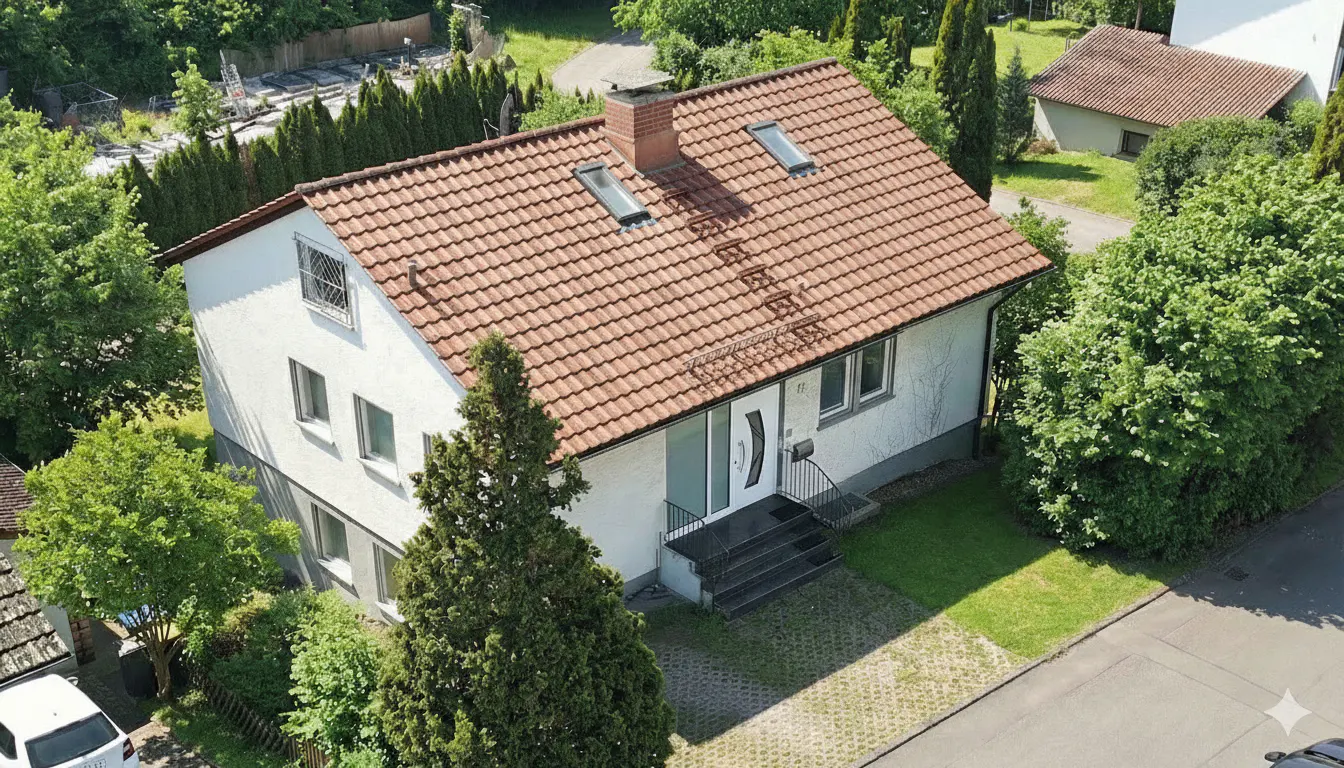 Two-story white house with a red tile roof, chimney, and skylights, surrounded by green trees. Front steps lead to a white door.