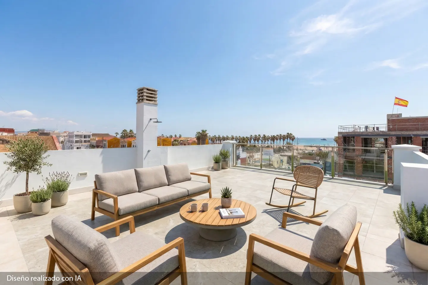 Rooftop patio with a sofa, chairs, and a round table. The background shows a beach, palm trees, and a Spanish flag.