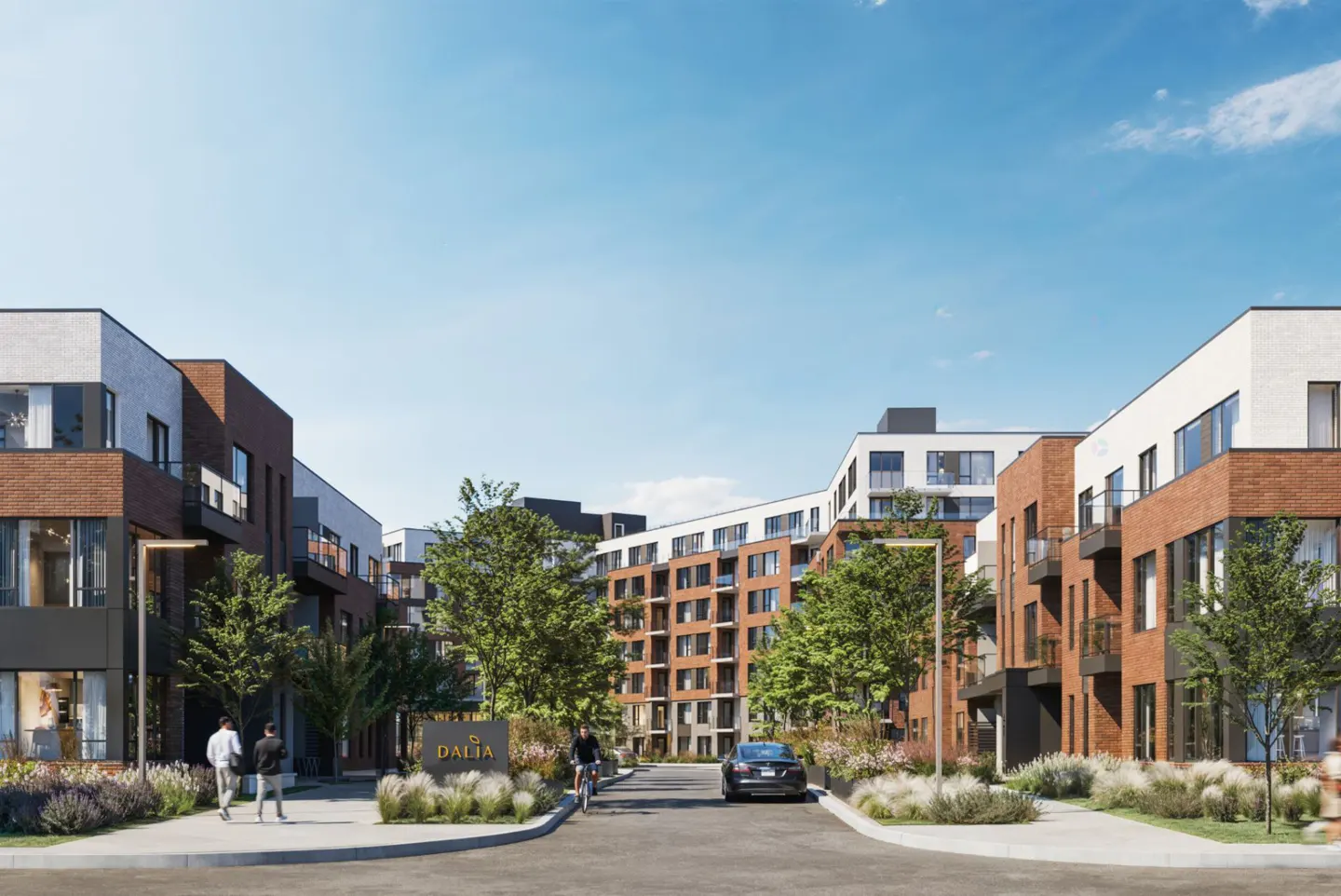 Exterior view of the "Dalia" apartments, featuring brick and white facade, trees, and people walking and biking.