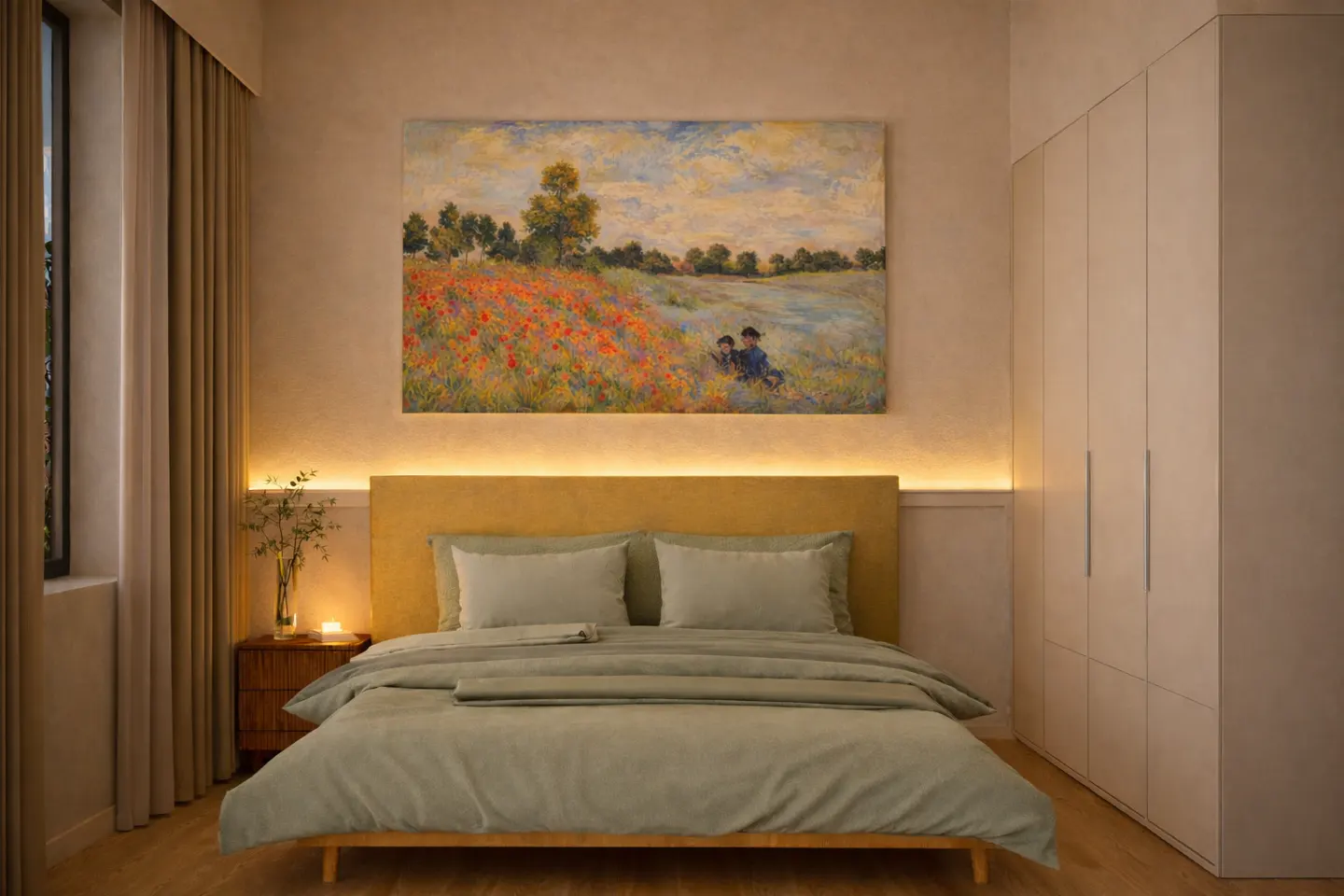Bedroom with a sage green bed, yellow headboard, and a painting of a field above the bed. Beige walls, curtains, and a white wardrobe.