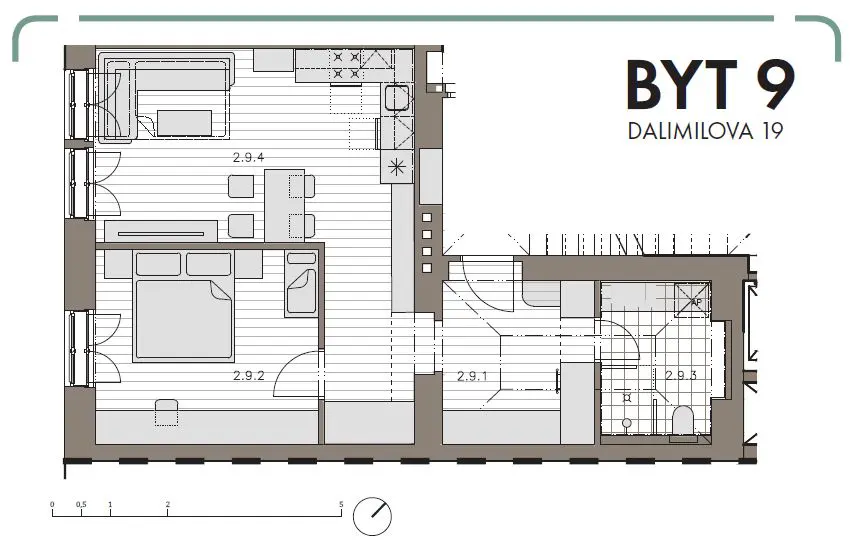 Floor plan for Byt 9, Dalimilova 19, featuring a living room, bedroom, kitchen, and bathroom.