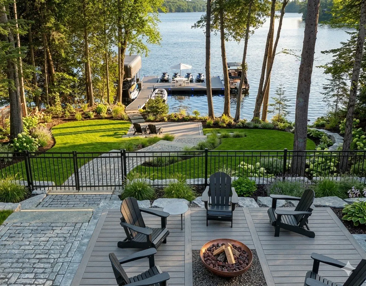 Lakefront property with a deck featuring Adirondack chairs and a fire pit. A dock with jet skis is visible on the water.