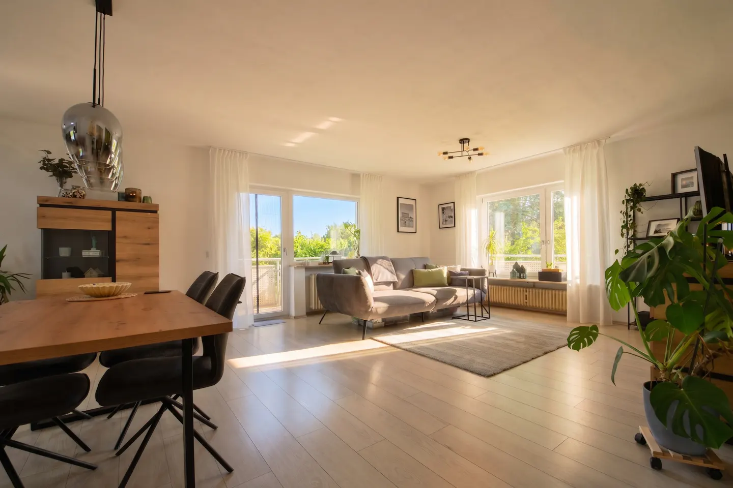 Bright, open-concept living room with wood floors, a gray sofa, dining table with black chairs, and large windows with sheer white curtains.