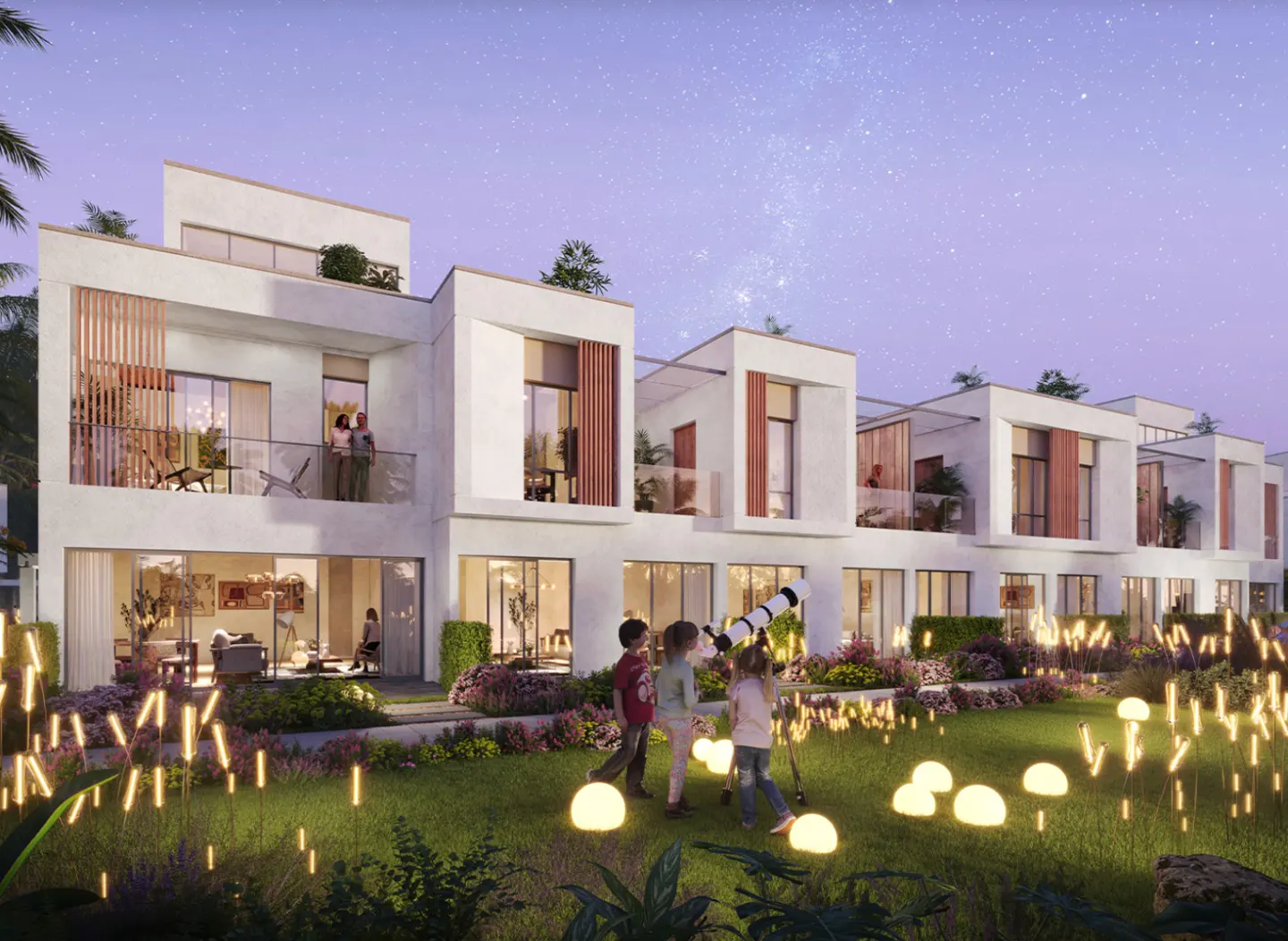 Modern white townhouses with balconies under a starry sky. Children look through a telescope in a yard with glowing lights.