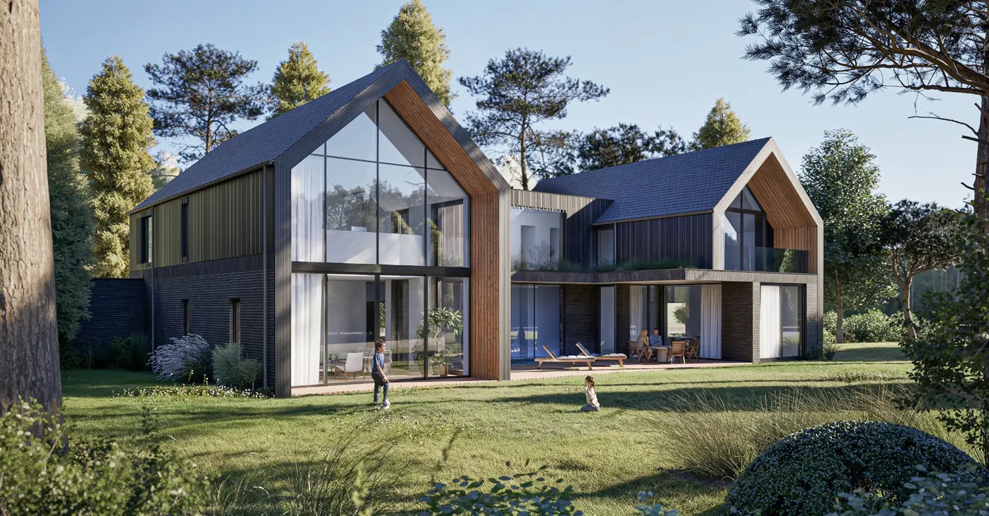 Modern dark wood house with large windows and gable roof, surrounded by trees. Family on patio, child in yard.