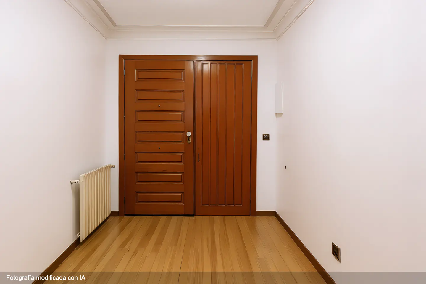 Entryway with a brown double door, white walls, and light wood floors. A radiator is on the left wall.