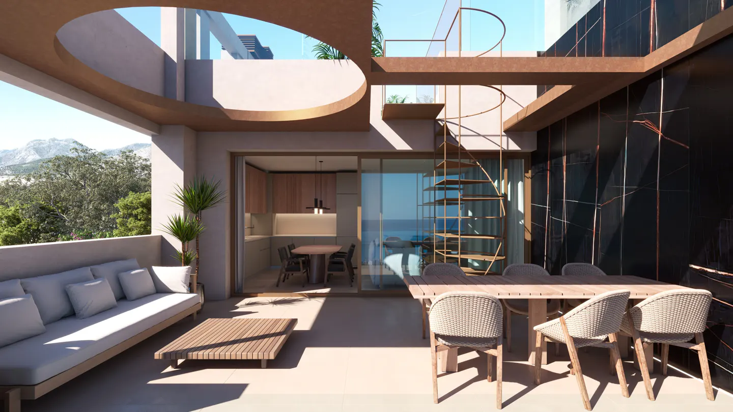 Outdoor patio with a sofa, table, chairs, and spiral staircase. Mountains and trees are visible in the background.