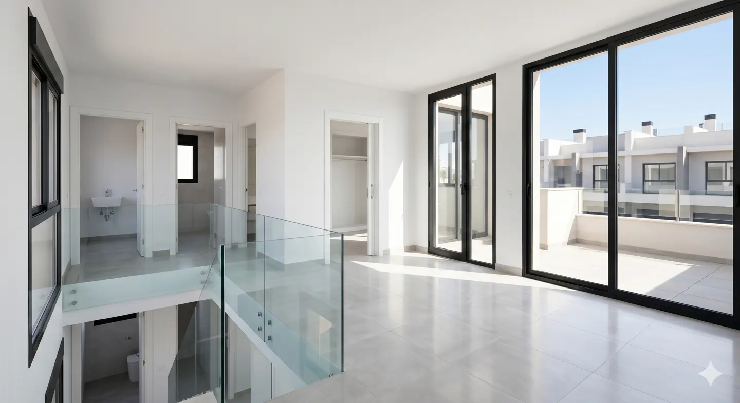 Bright, modern hallway with white walls, gray tile floor, and black-framed sliding glass doors to a balcony. Glass railing overlooks stairs.