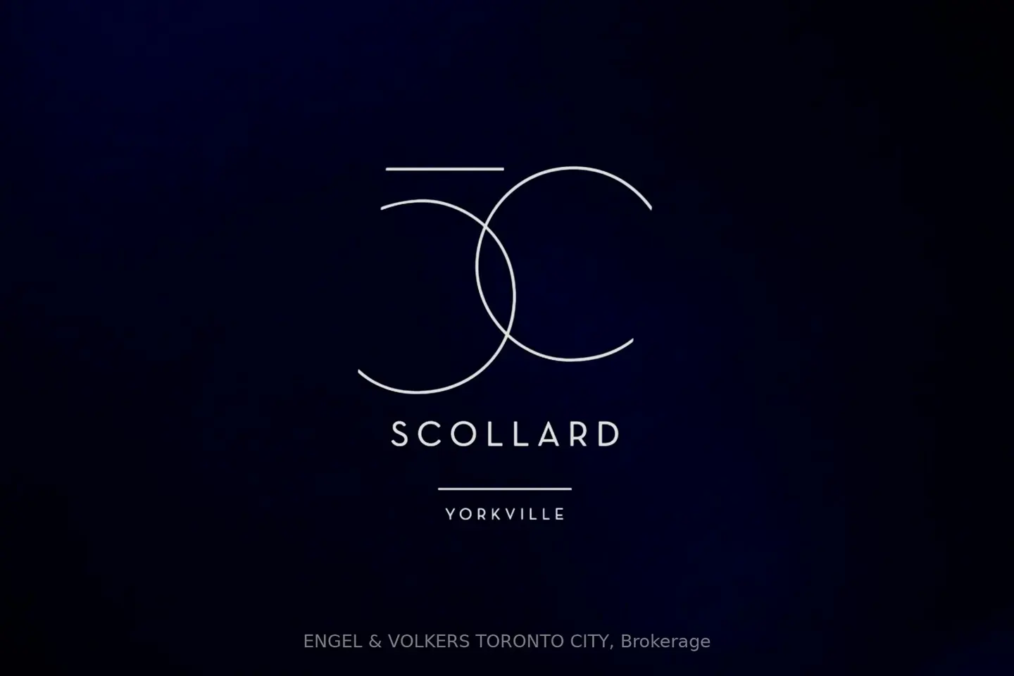 White logo on dark blue background. "Scollard Yorkville" with overlapping "SC" design. "Engel & Volkers Toronto City, Brokerage" at bottom.