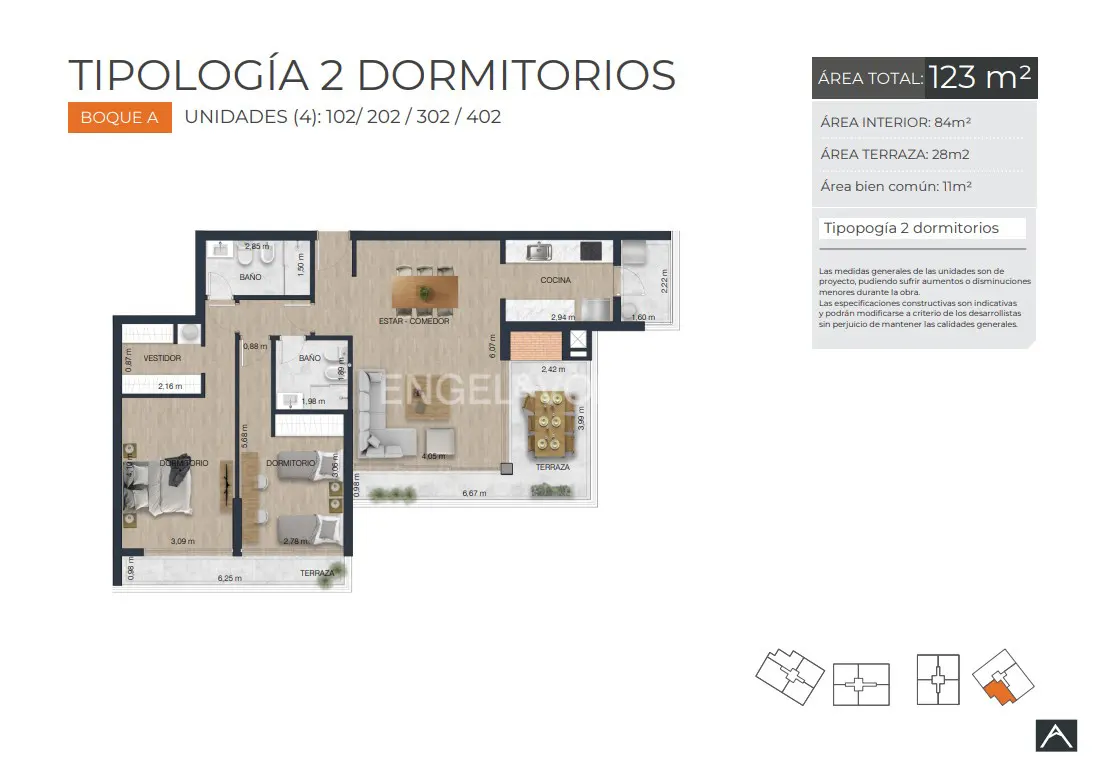 Floor plan for a 123m² two-bedroom apartment in Block A, showing layout, room dimensions, and terrace areas.