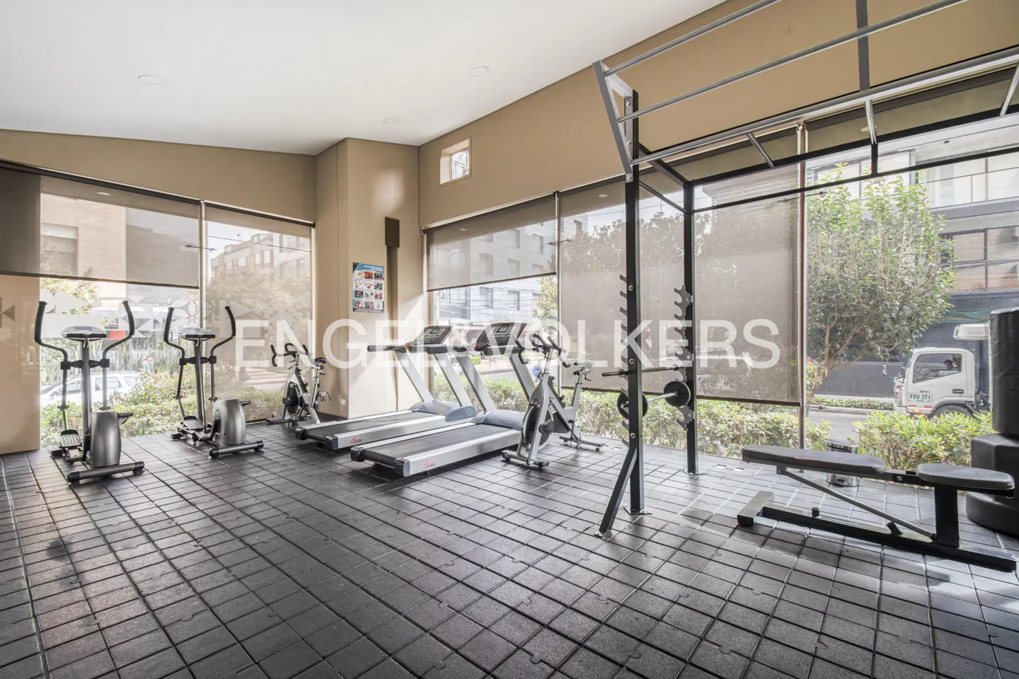 A bright gym with treadmills, ellipticals, and weight rack on a black rubber floor. Large windows show greenery outside.