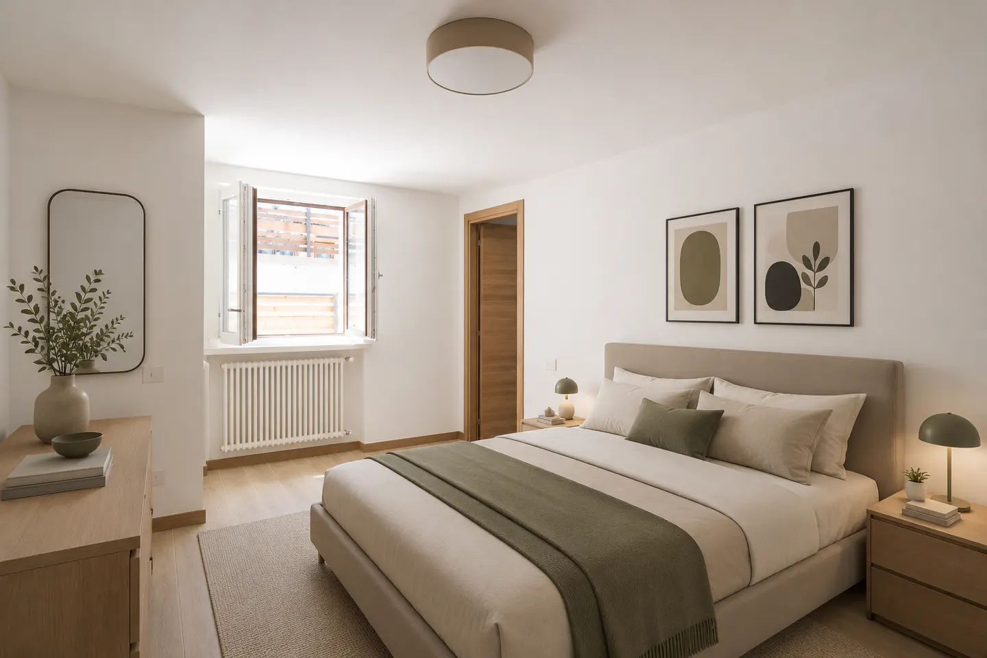 A bright bedroom with a beige bed, green throw, and abstract art. A dresser with a mirror and plants sits near an open window.