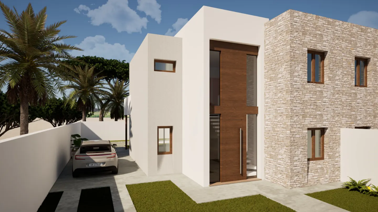 Modern two-story house with white stucco and stone facade, wood door, car in driveway, and palm trees.