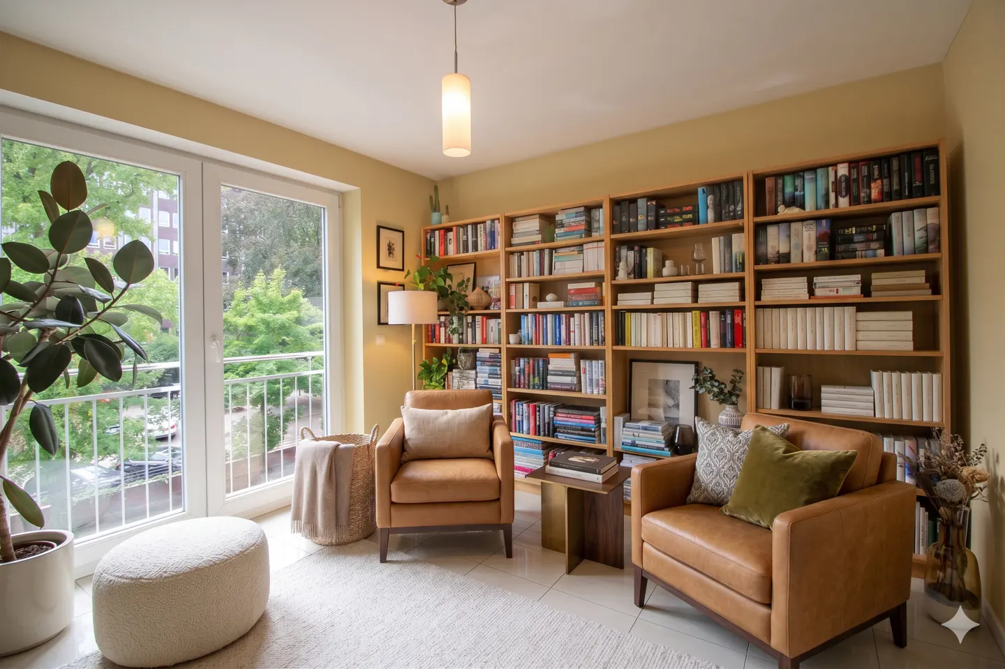 A cozy living room with two leather armchairs, a large bookshelf filled with books, and a window with a view of greenery.