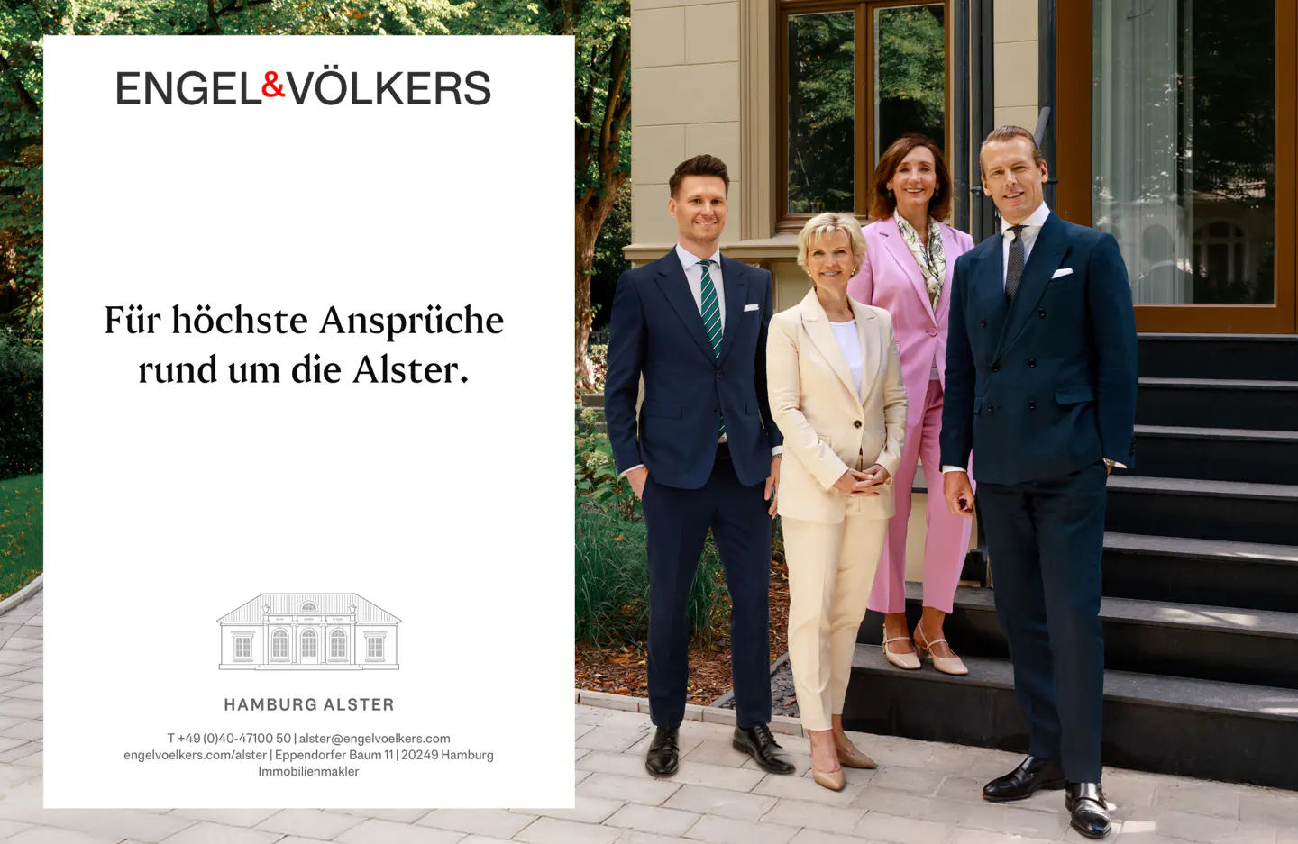 Engel & Völkers ad: Four real estate agents in suits stand on steps outside a building. Text reads "Für höchste Ansprüche rund um die Alster."