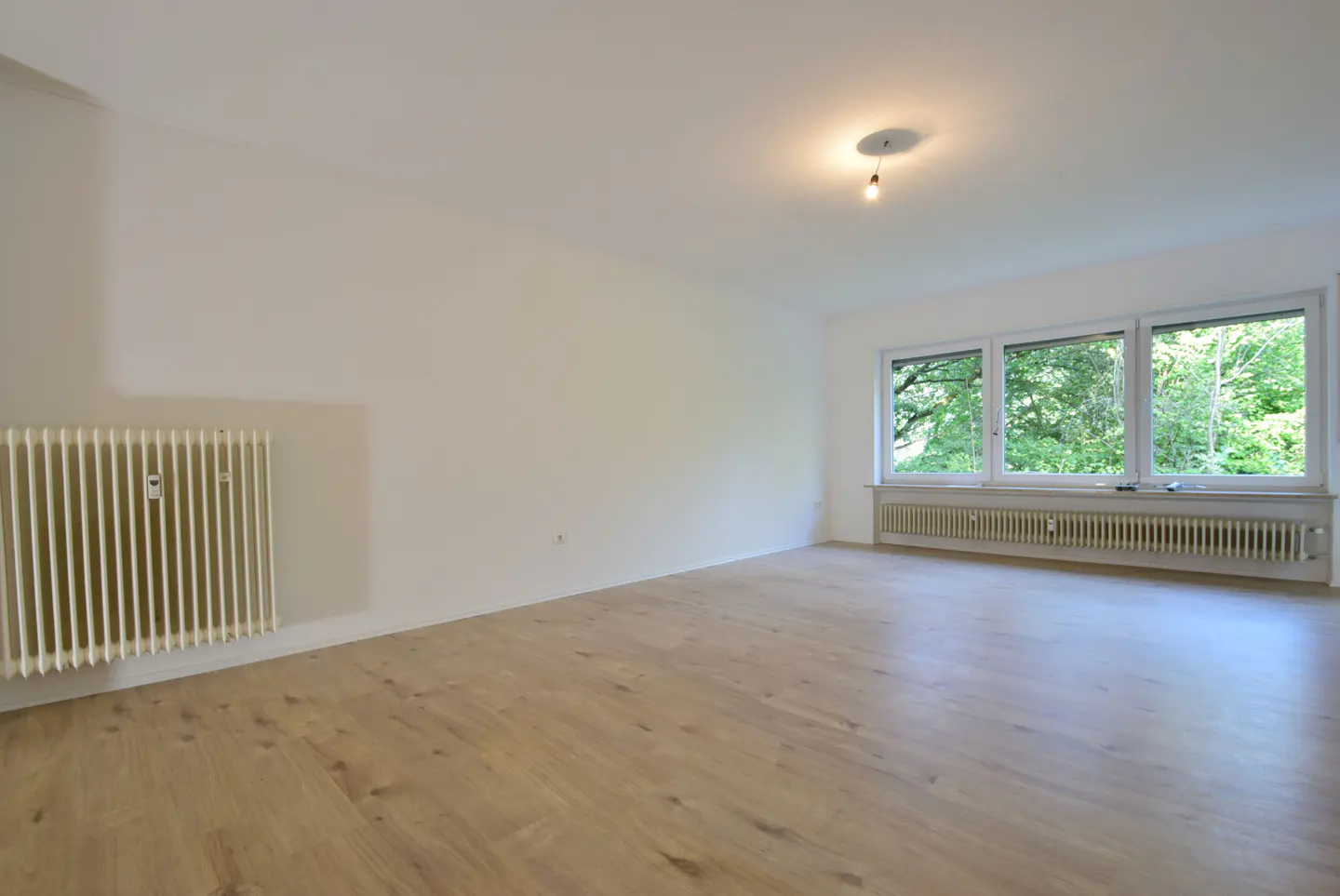 Bright, empty room with light wood floors, white walls, and a radiator. Large windows show green trees outside.