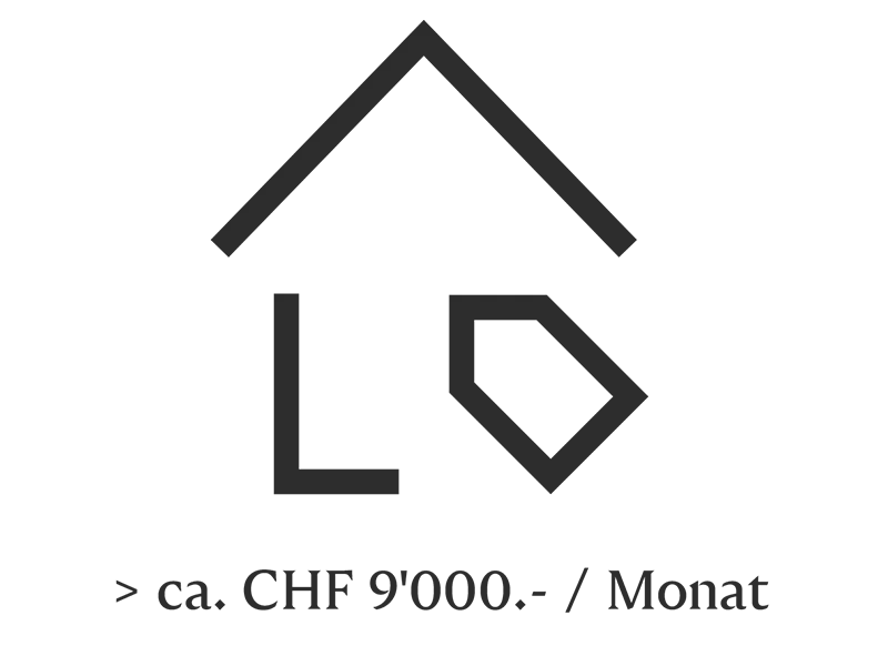 Real estate logo in gray on black. A house shape, the letter L, and a pentagon. Text below reads "> ca. CHF 9'000.- / Monat".