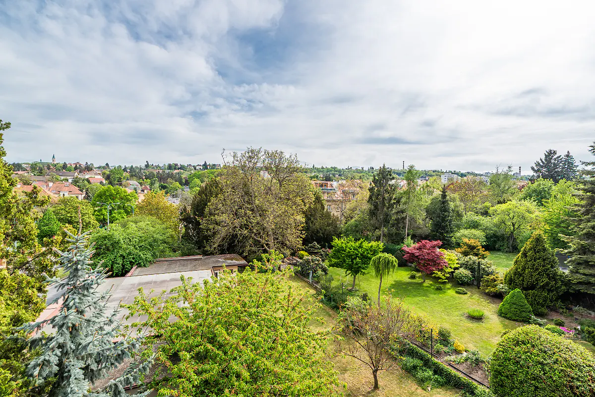 View of a lush green garden with trees, shrubs, and a lawn, with a cityscape visible in the background under a cloudy sky.