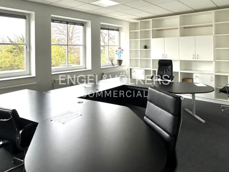 A bright office space with a large black conference table, black chairs, and white built-in shelving. Three windows offer natural light.