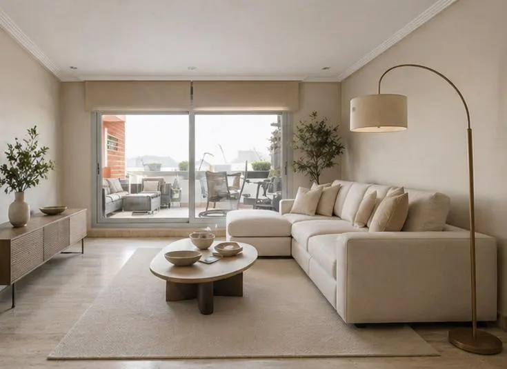 A bright living room with a white sectional sofa, oval coffee table, and a large window leading to a balcony.